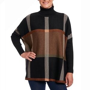 Joseph.A Women's Turtleneck Poncho Sweater Plaid‎ Chocolate Black Medium